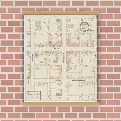 Old map wall art mockup — magnetic wood frame on brick wall — Sanborn Fire Insurance Map from Cadiz, Harrison County, Ohio (1887), Sheet #0001