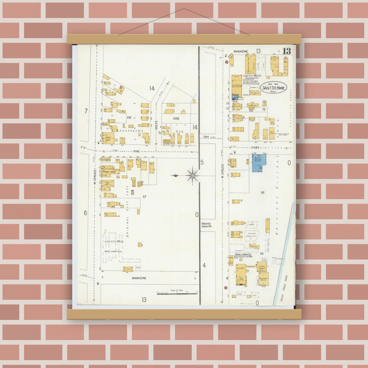 Old map wall art mockup — magnetic wood frame on brick wall — Sanborn Fire Insurance Map from Sault Sainte Marie, Chippewa County, Michigan (1906), Sheet #0013