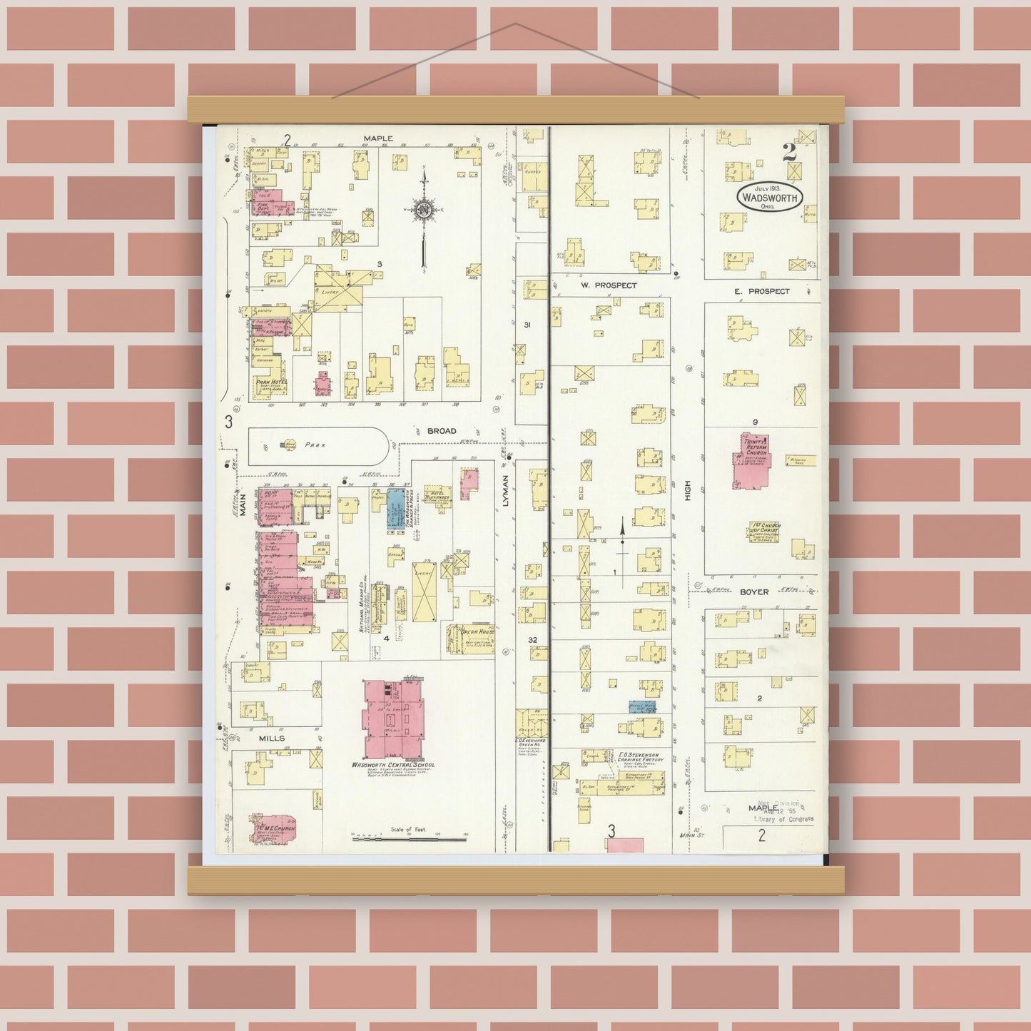 Old map wall art mockup — magnetic wood frame on brick wall — Sanborn Fire Insurance Map from Wadsworth, Medina County, Ohio (1913), Sheet #0002