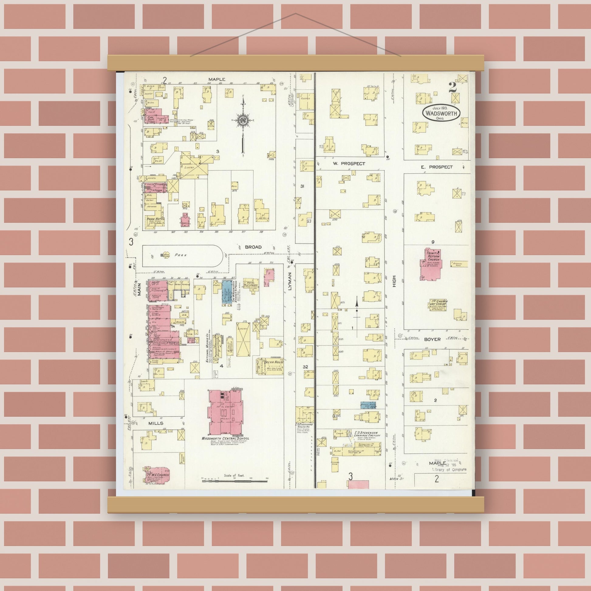 Old map wall art mockup — magnetic wood frame on brick wall — Sanborn Fire Insurance Map from Wadsworth, Medina County, Ohio (1913), Sheet #0002
