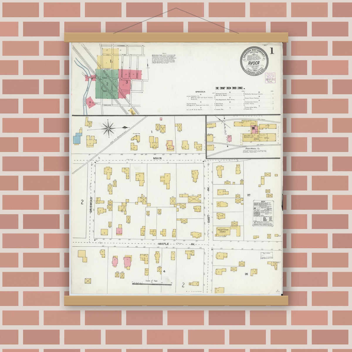 Old map wall art mockup — magnetic wood frame on brick wall — Sanborn Fire Insurance Map from Avoca, Steuben County, New York (1905), Sheet #0001