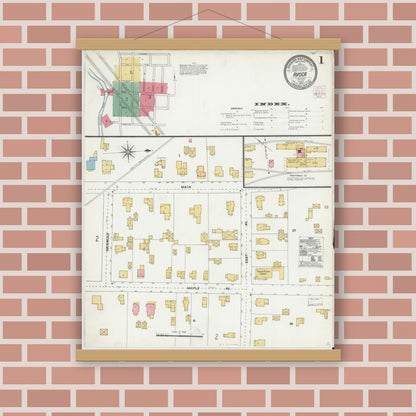 Old map wall art mockup — magnetic wood frame on brick wall — Sanborn Fire Insurance Map from Avoca, Steuben County, New York (1905), Sheet #0001