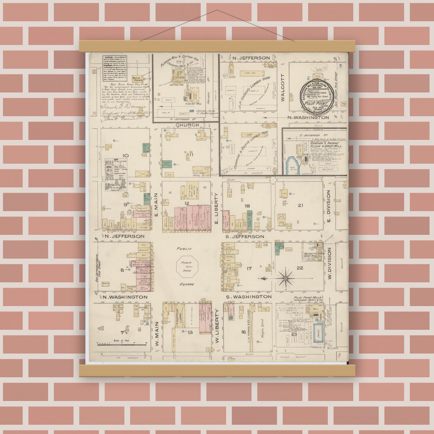 Old map wall art mockup — magnetic wood frame on brick wall — Sanborn Fire Insurance Map from Pilot Point, Denton County, Texas (1885), Sheet #0001
