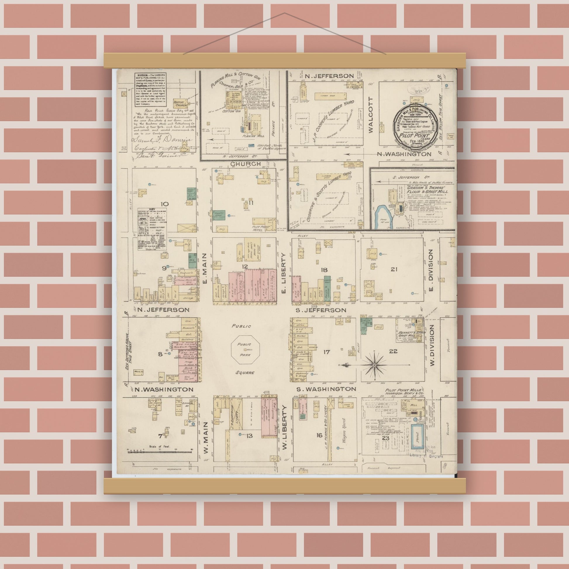 Old map wall art mockup — magnetic wood frame on brick wall — Sanborn Fire Insurance Map from Pilot Point, Denton County, Texas (1885), Sheet #0001