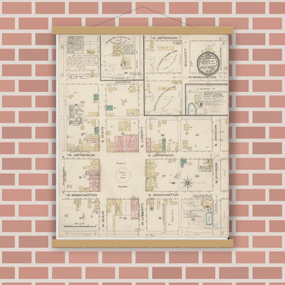 Old map wall art mockup — magnetic wood frame on brick wall — Sanborn Fire Insurance Map from Pilot Point, Denton County, Texas (1885), Sheet #0001