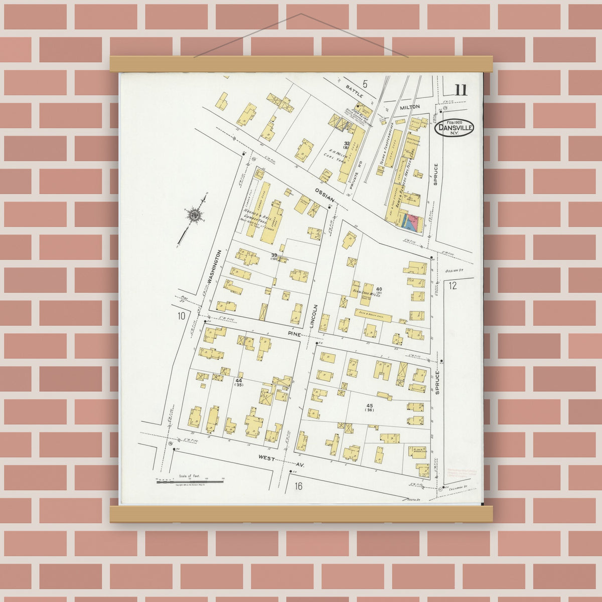 Old map wall art mockup — magnetic wood frame on brick wall — Sanborn Fire Insurance Map from Dansville, Livingston County, New York (1920), Sheet #0011