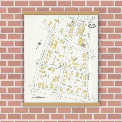 Old map wall art mockup — magnetic wood frame on brick wall — Sanborn Fire Insurance Map from Dansville, Livingston County, New York (1920), Sheet #0011