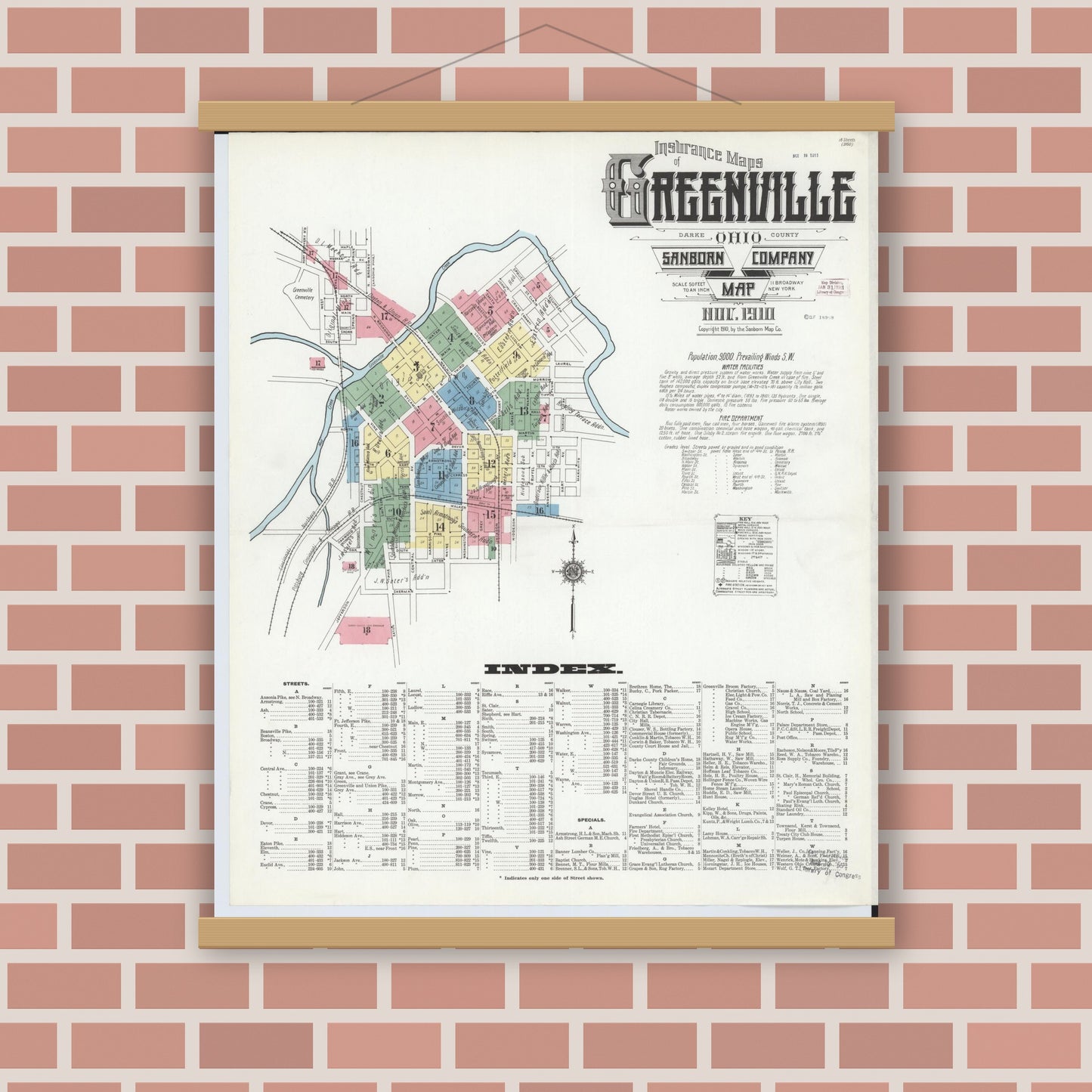 Old map wall art mockup — magnetic wood frame on brick wall — Sanborn Fire Insurance Map from Greenville, Darke County, Ohio (1910) - Complete Map Set