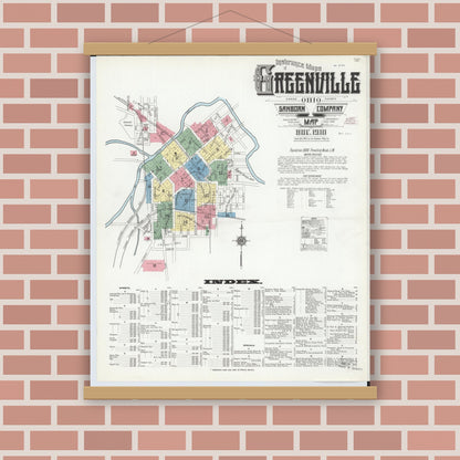 Old map wall art mockup — magnetic wood frame on brick wall — Sanborn Fire Insurance Map from Greenville, Darke County, Ohio (1910) - Complete Map Set