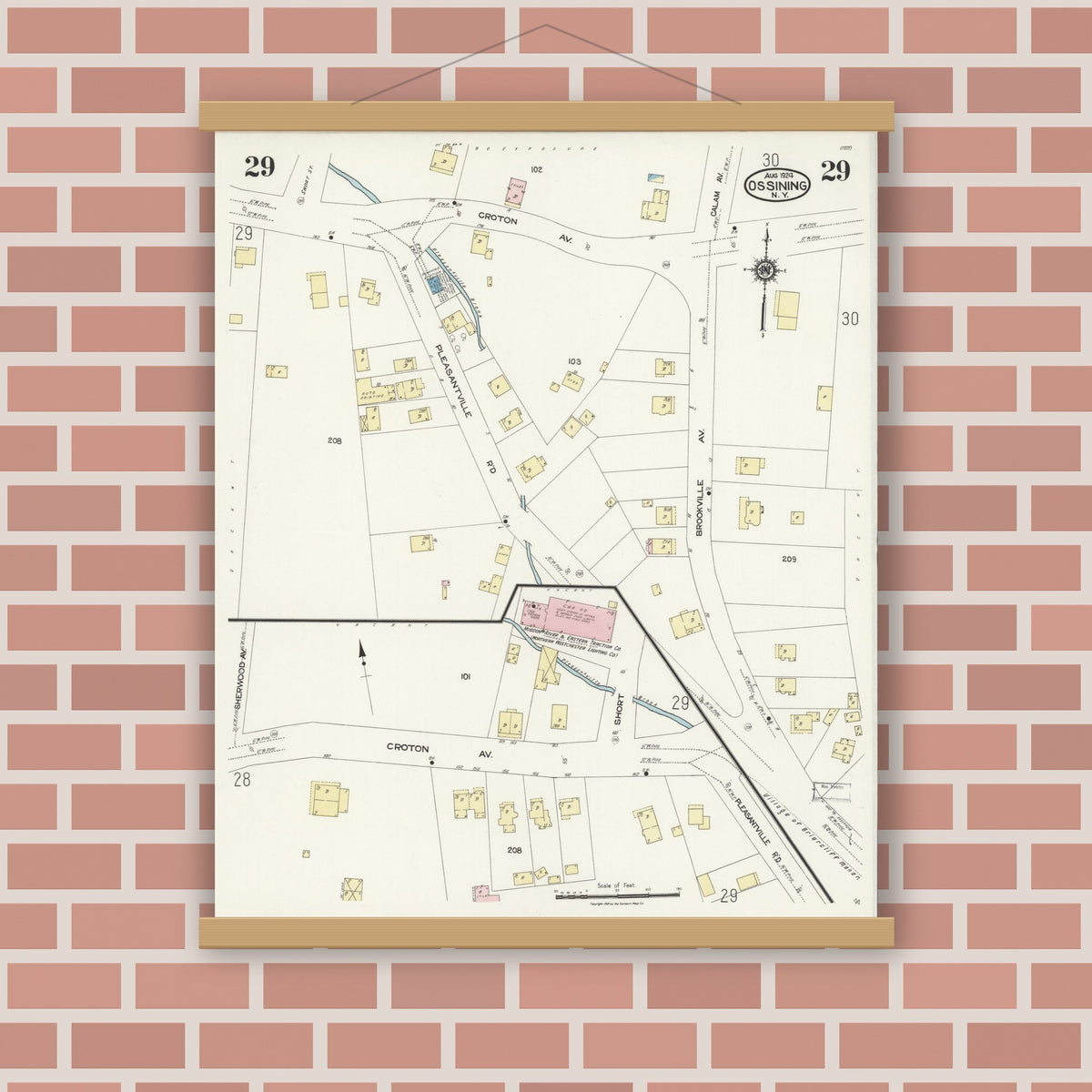 Old map wall art mockup — magnetic wood frame on brick wall — Sanborn Fire Insurance Map from Ossining, Westchester County, New York (1924), Sheet #0029