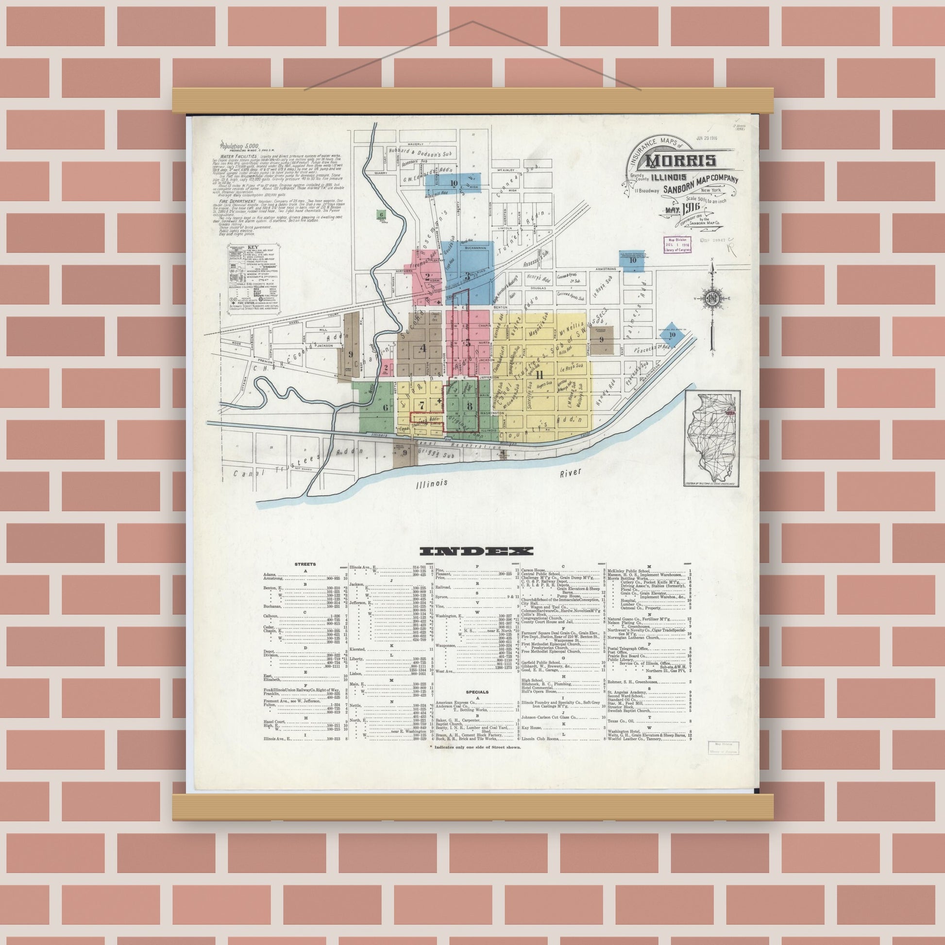 Old map wall art mockup — magnetic wood frame on brick wall — Sanborn Fire Insurance Map from Morris, Grundy County, Illinois (1916), Sheet #0001