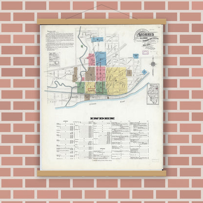 Old map wall art mockup — magnetic wood frame on brick wall — Sanborn Fire Insurance Map from Morris, Grundy County, Illinois (1916), Sheet #0001