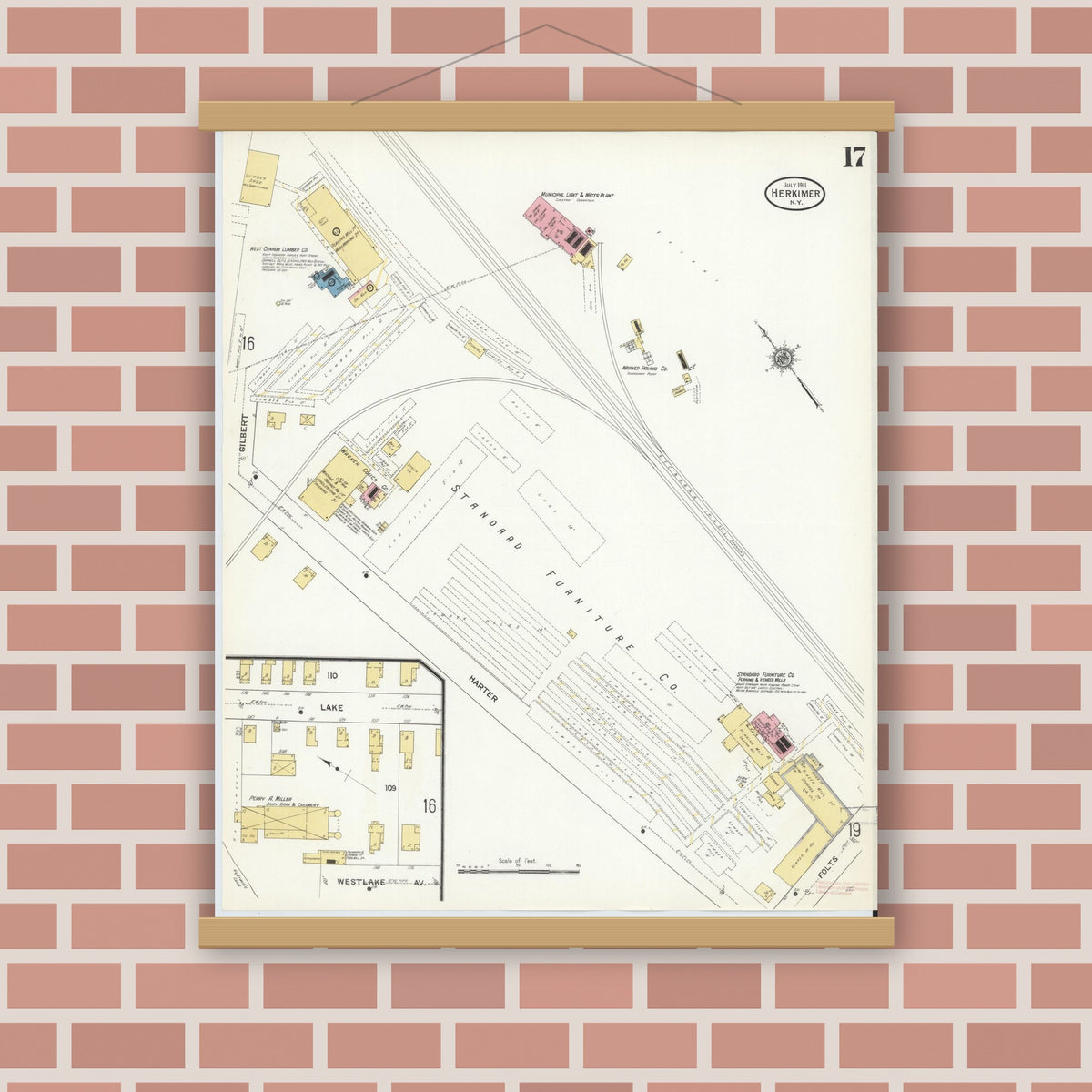 Old map wall art mockup — magnetic wood frame on brick wall — Sanborn Fire Insurance Map from Herkimer, Herkimer County, New York (1911), Sheet #0017