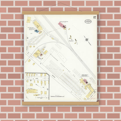 Old map wall art mockup — magnetic wood frame on brick wall — Sanborn Fire Insurance Map from Herkimer, Herkimer County, New York (1911), Sheet #0017