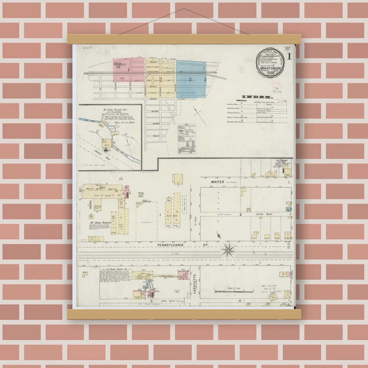 Old map wall art mockup — magnetic wood frame on brick wall — Sanborn Fire Insurance Map from Mount Union, Huntingdon County, Pennsylvania (1894), Sheet #0001