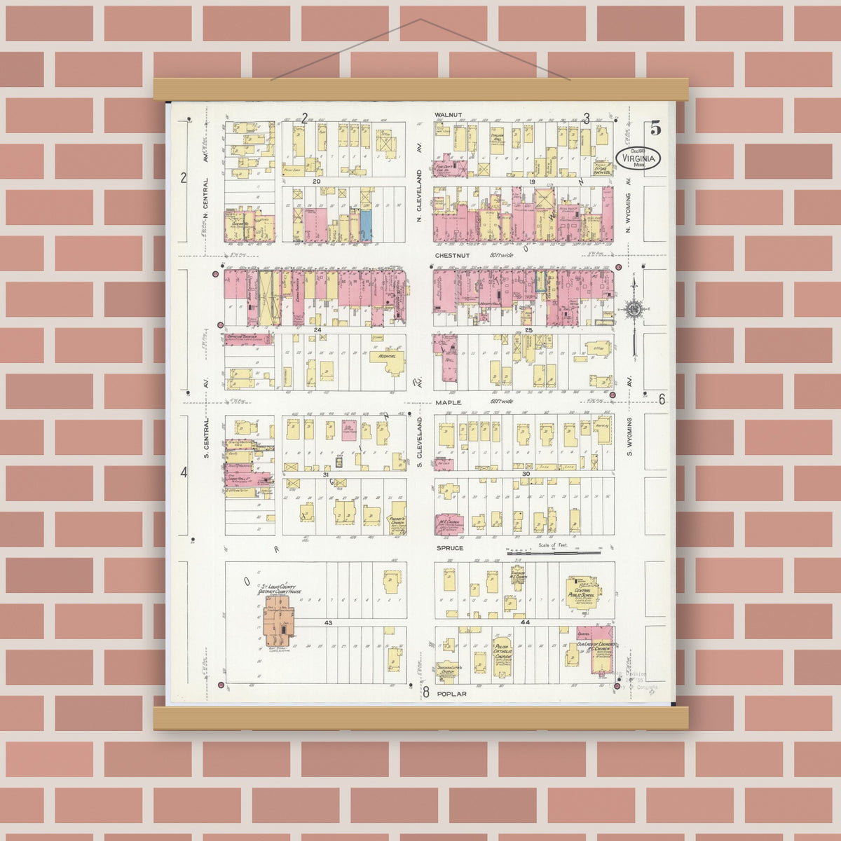 Old map wall art mockup — magnetic wood frame on brick wall — Sanborn Fire Insurance Map from Virginia, Saint Louis County, Minnesota (1910), Sheet #0005