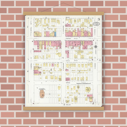 Old map wall art mockup — magnetic wood frame on brick wall — Sanborn Fire Insurance Map from Virginia, Saint Louis County, Minnesota (1910), Sheet #0005