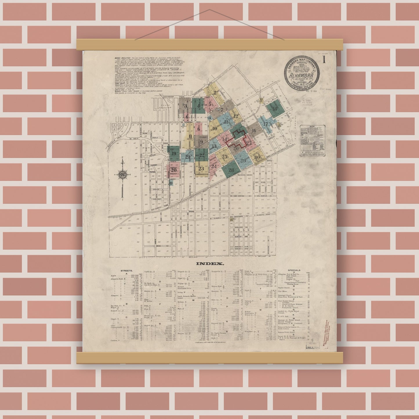 Old map wall art mockup — magnetic wood frame on brick wall — Sanborn Fire Insurance Map from Alhambra, Los Angeles County, California (1912), Sheet #0001