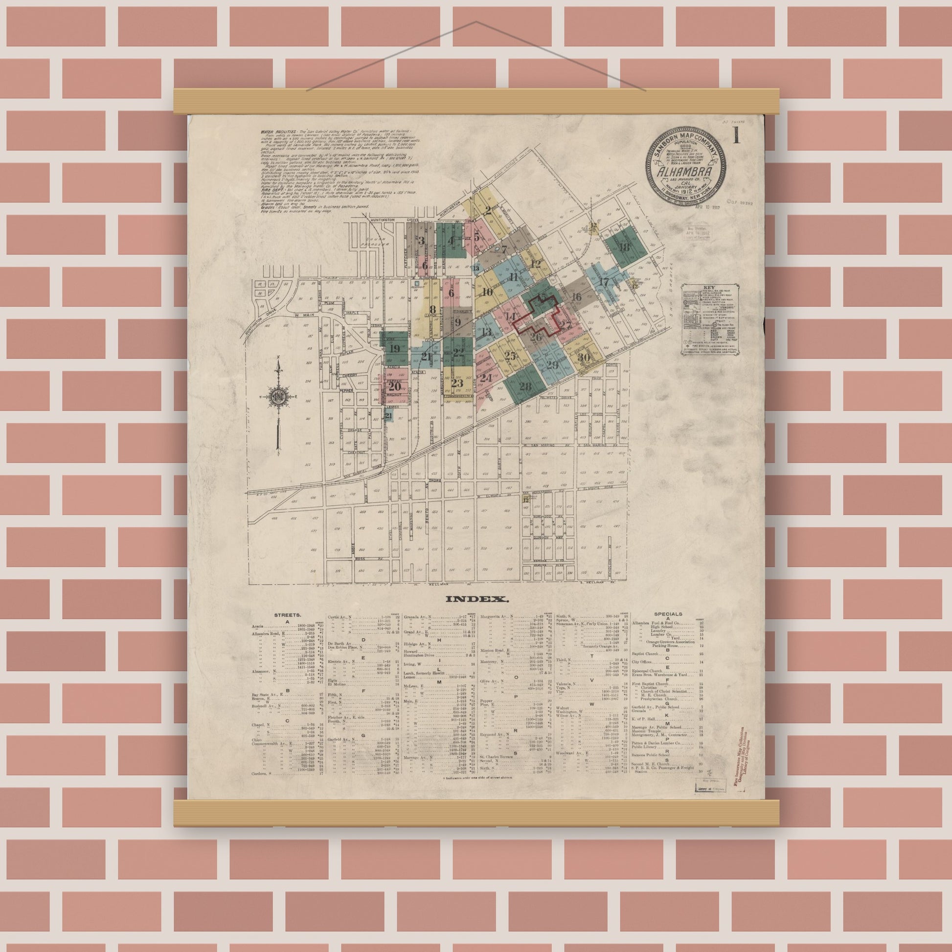 Old map wall art mockup — magnetic wood frame on brick wall — Sanborn Fire Insurance Map from Alhambra, Los Angeles County, California (1912), Sheet #0001