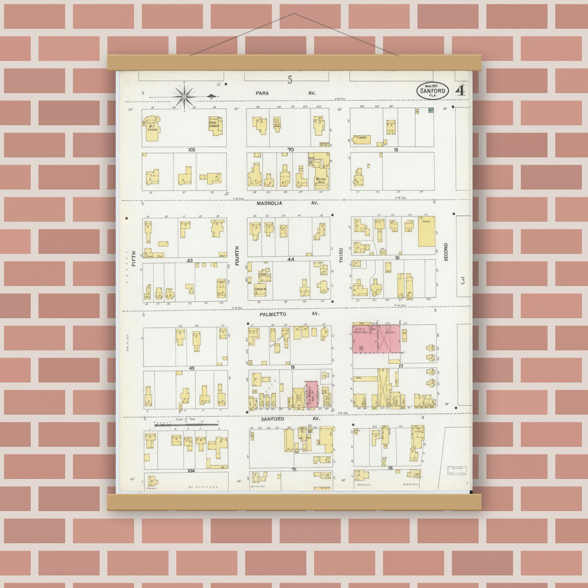 Old map wall art mockup — magnetic wood frame on brick wall — Sanborn Fire Insurance Map from Sanford, Seminole County, Florida (1901), Sheet #0004