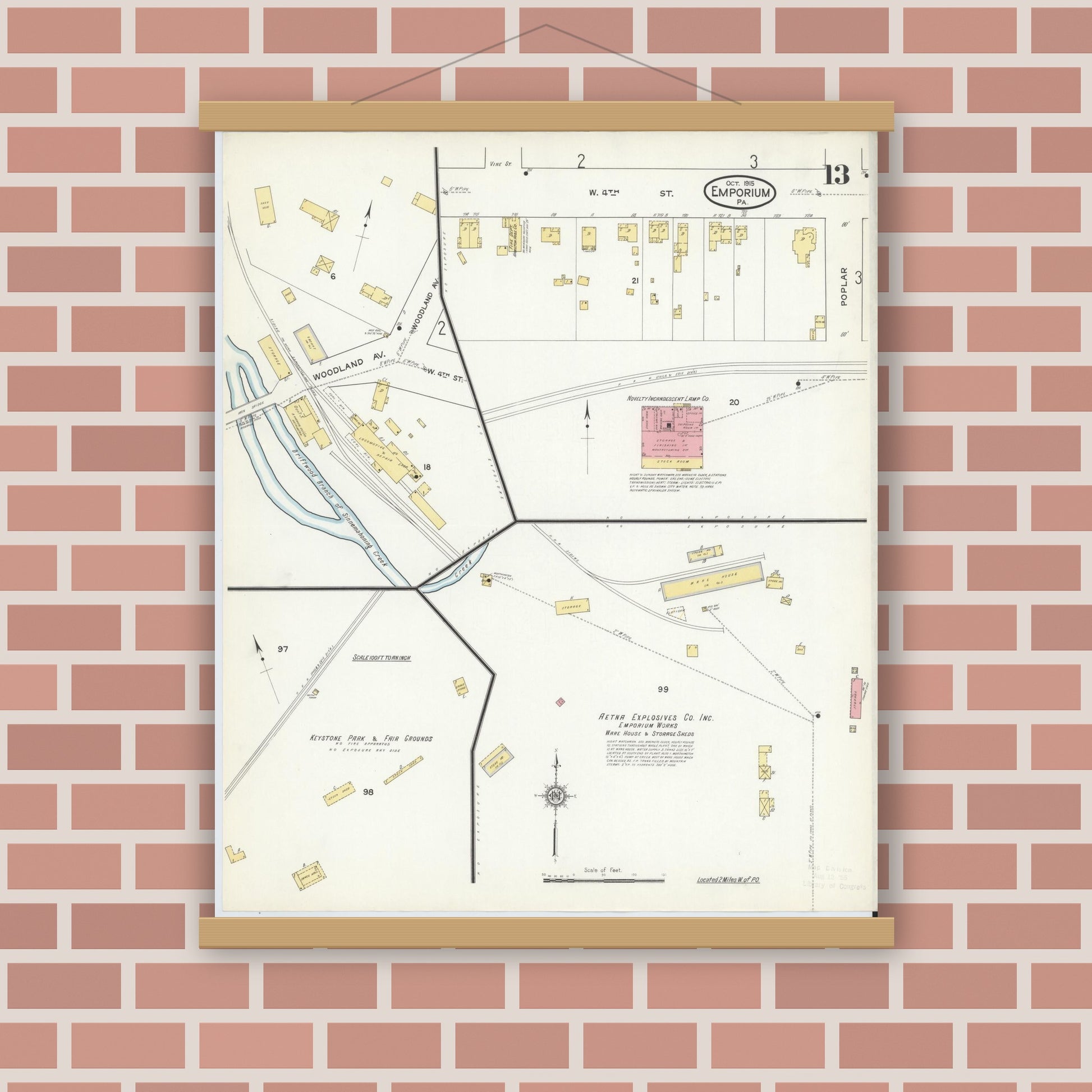 Old map wall art mockup — magnetic wood frame on brick wall — Sanborn Fire Insurance Map from Emporium, Cameron County, Pennsylvania (1915), Sheet #0013