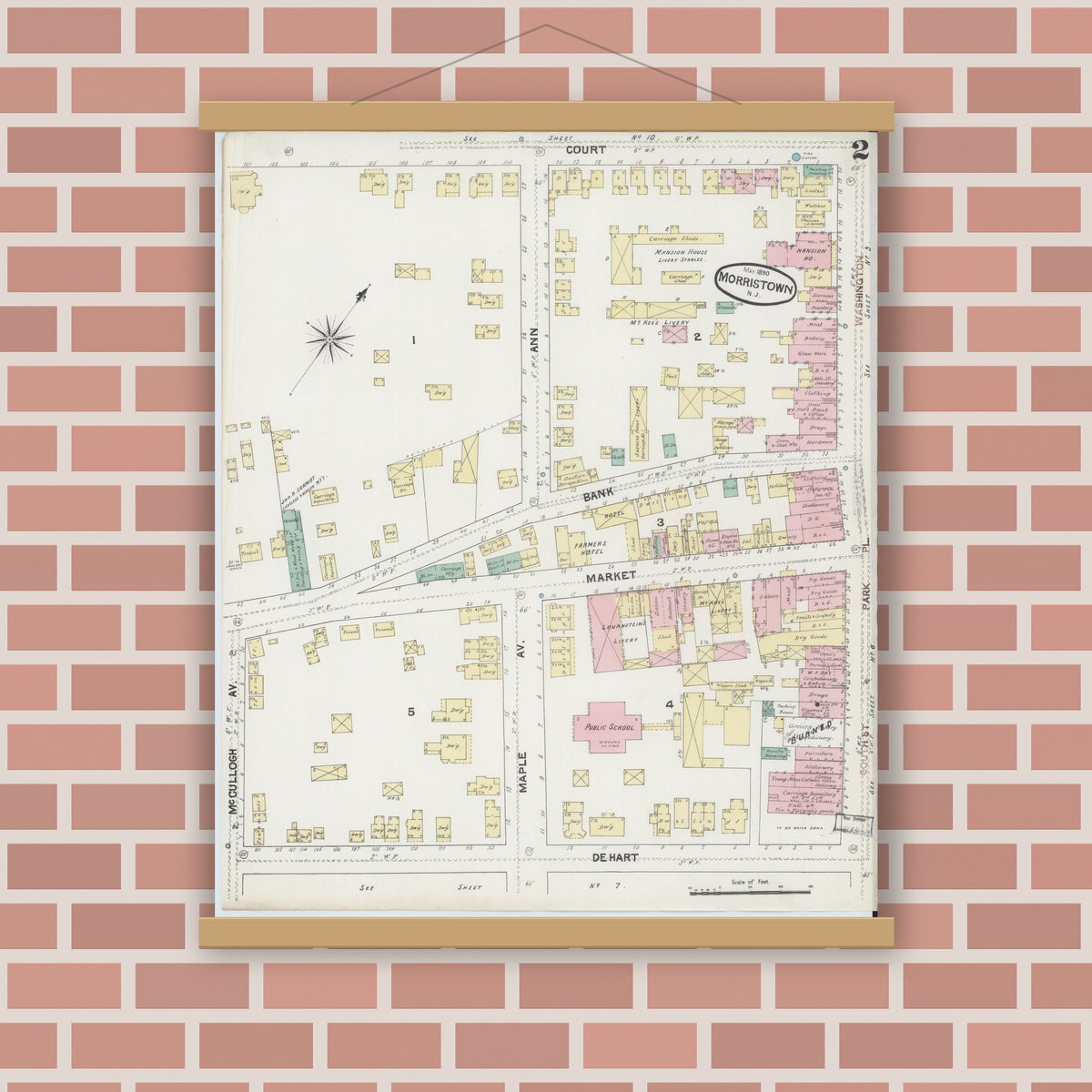Old map wall art mockup — magnetic wood frame on brick wall — Sanborn Fire Insurance Map from Morristown, Morris County, New Jersey (1890) - Complete Map Set