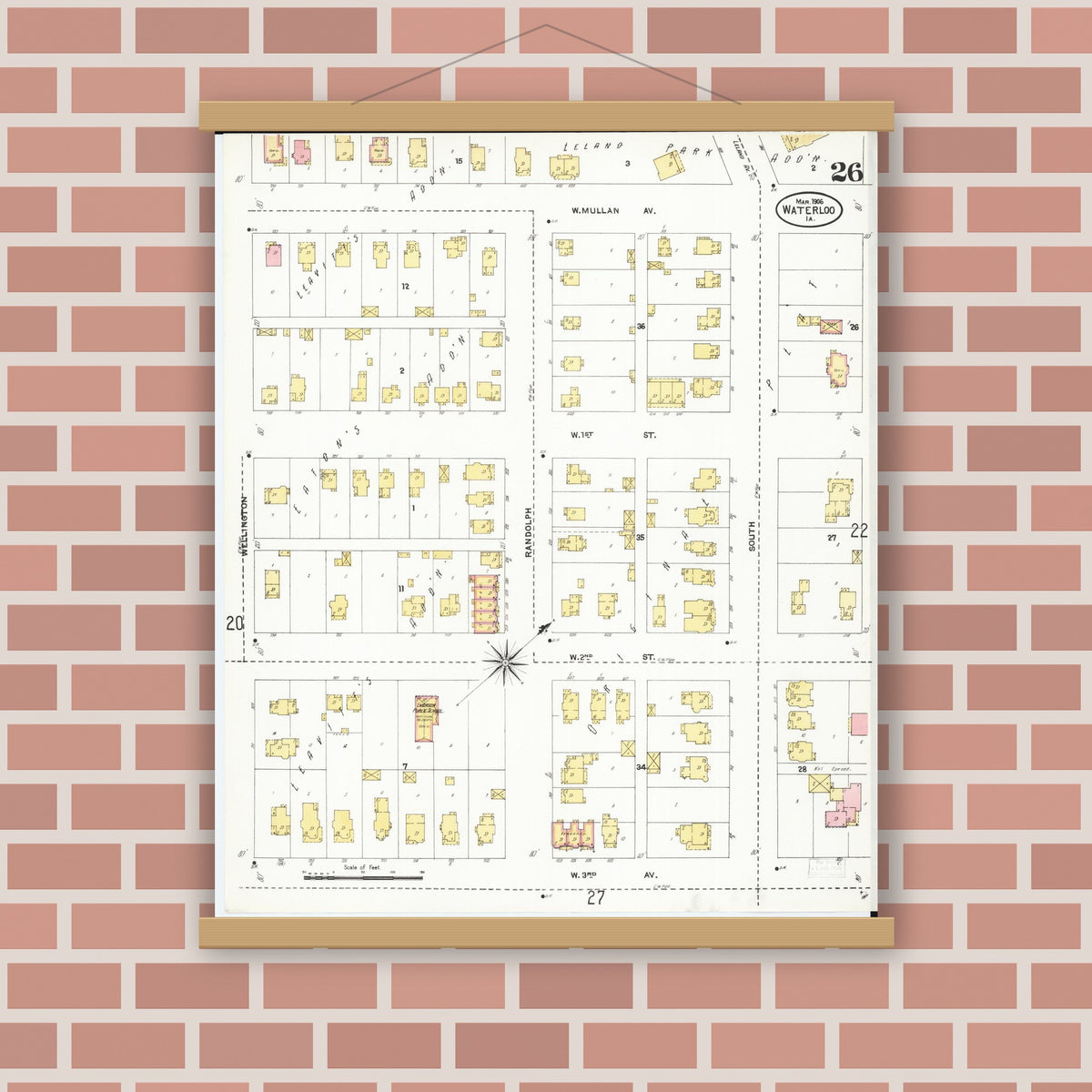 Old map wall art mockup — magnetic wood frame on brick wall — Sanborn Fire Insurance Map from Waterloo, Black Hawk County, Iowa (1906), Sheet #0026