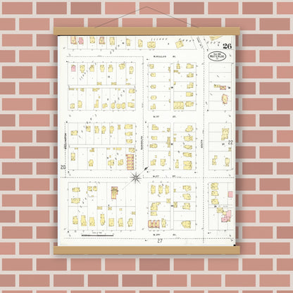 Old map wall art mockup — magnetic wood frame on brick wall — Sanborn Fire Insurance Map from Waterloo, Black Hawk County, Iowa (1906), Sheet #0026