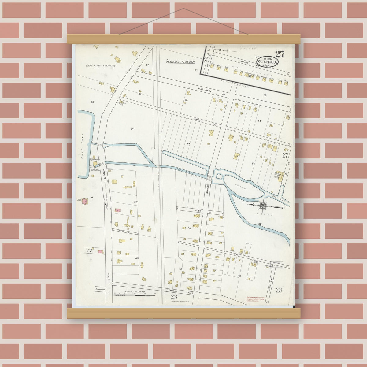 Old map wall art mockup — magnetic wood frame on brick wall — Sanborn Fire Insurance Map from Patchogue, Suffolk County, New York (1916), Sheet #0027