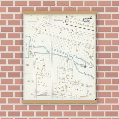 Old map wall art mockup — magnetic wood frame on brick wall — Sanborn Fire Insurance Map from Patchogue, Suffolk County, New York (1916), Sheet #0027