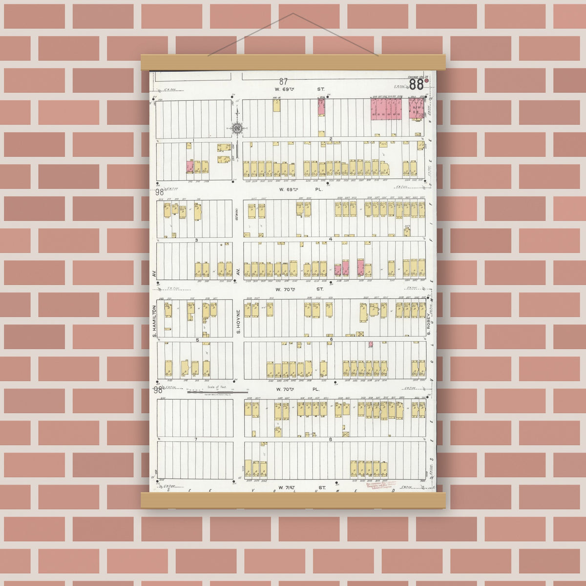 Old map wall art mockup — magnetic wood frame on brick wall — Sanborn Fire Insurance Map from Chicago, Cook County, Illinois (1920), Sheet #0088