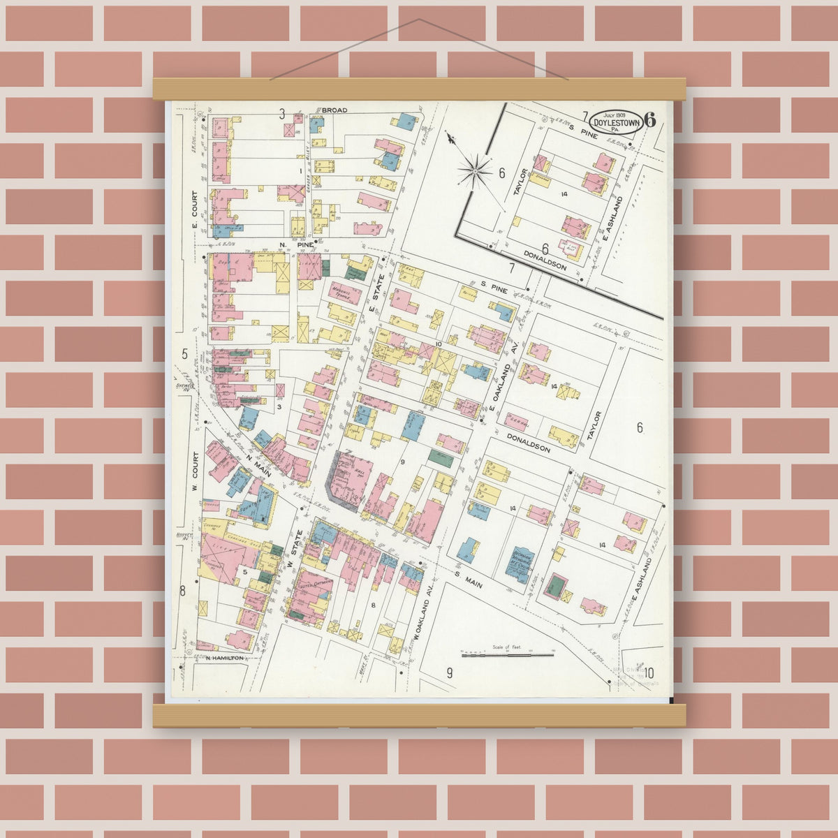 Old map wall art mockup — magnetic wood frame on brick wall — Sanborn Fire Insurance Map from Doylestown, Bucks County, Pennsylvania (1909), Sheet #0006