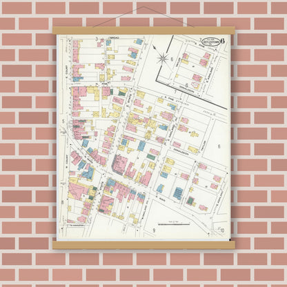 Old map wall art mockup — magnetic wood frame on brick wall — Sanborn Fire Insurance Map from Doylestown, Bucks County, Pennsylvania (1909), Sheet #0006
