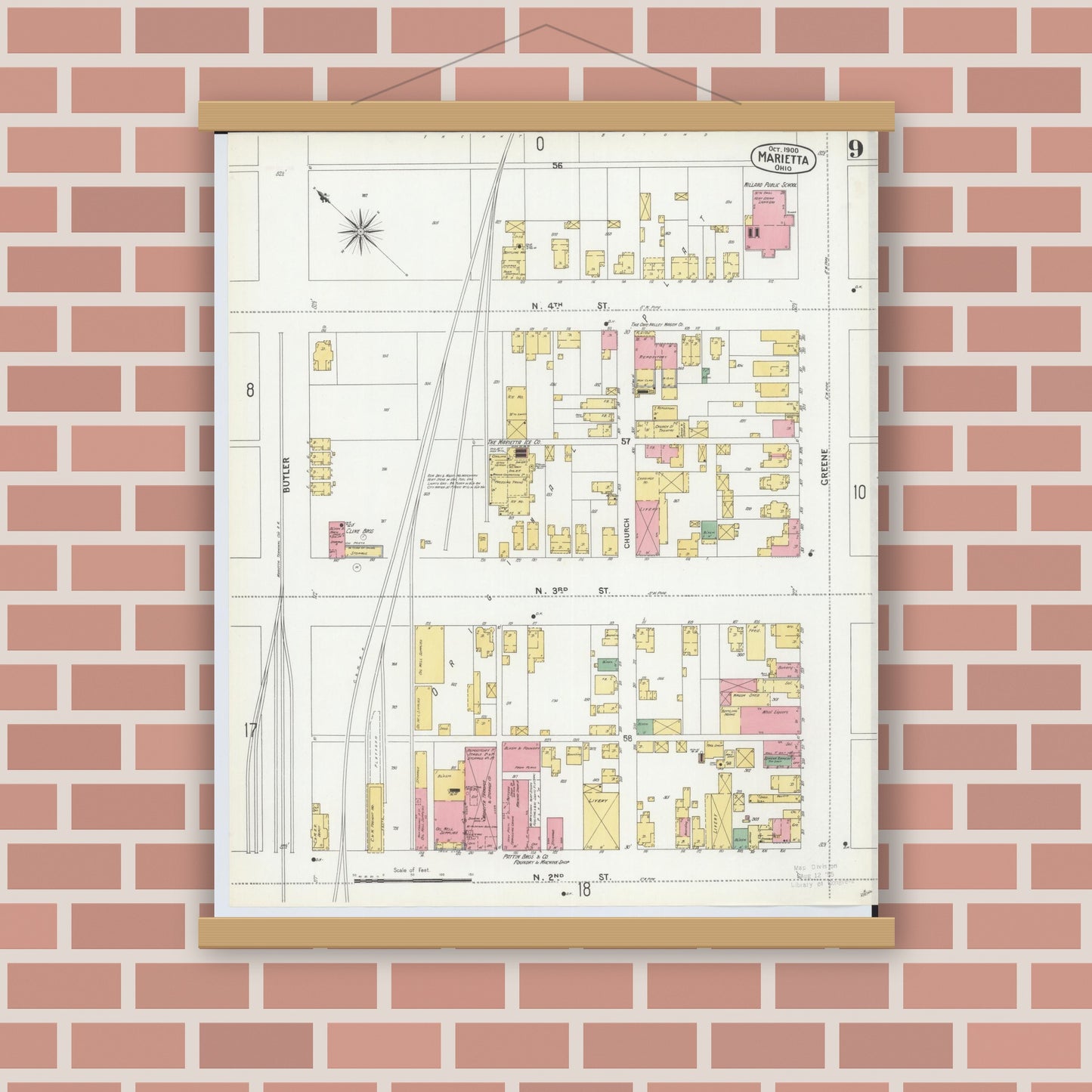 Old map wall art mockup — magnetic wood frame on brick wall — Sanborn Fire Insurance Map from Marietta, Washington County, Ohio (1900), Sheet #0009
