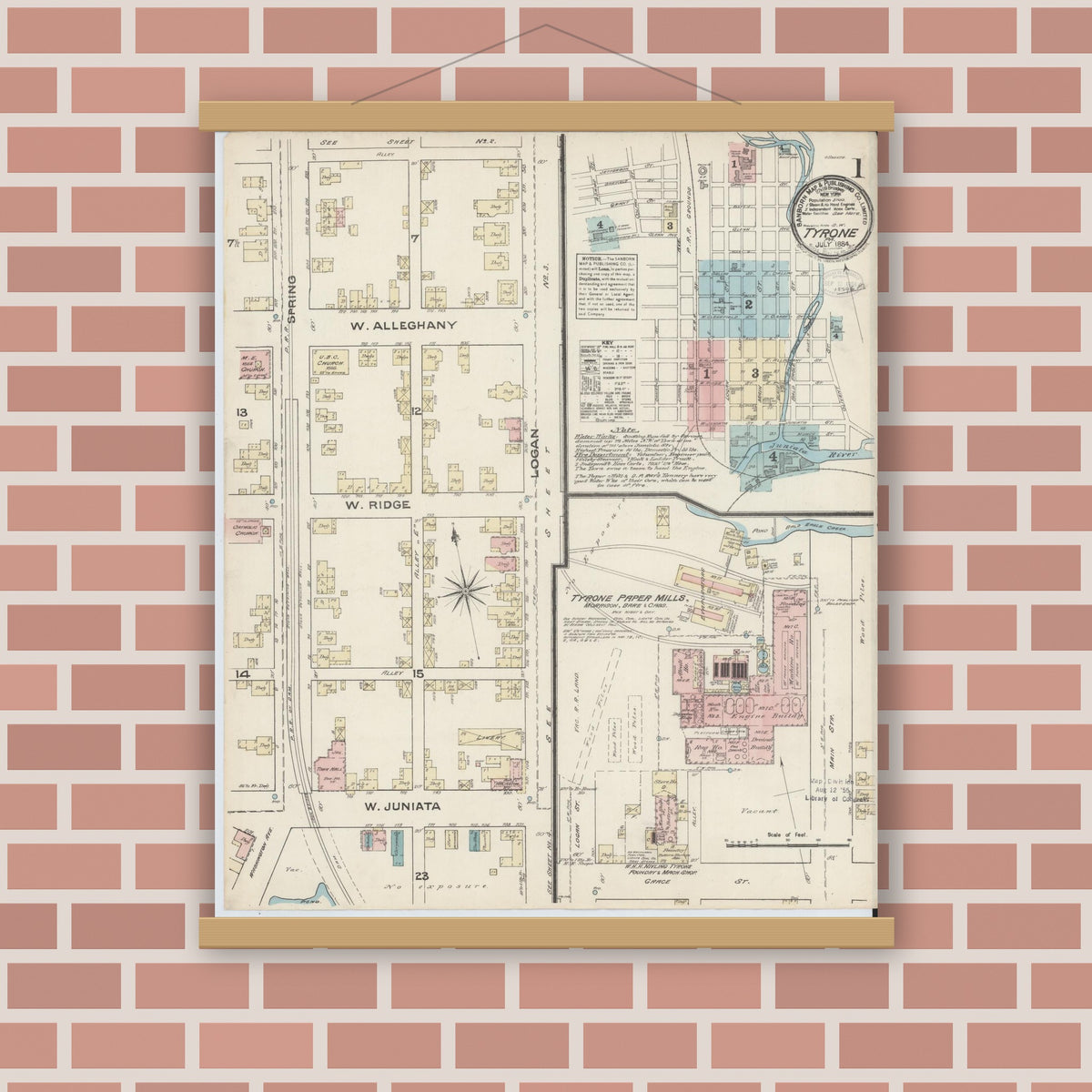 Old map wall art mockup — magnetic wood frame on brick wall — Sanborn Fire Insurance Map from Tyrone, Blair County, Pennsylvania (1884) - Complete Map Set