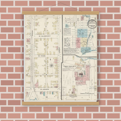 Old map wall art mockup — magnetic wood frame on brick wall — Sanborn Fire Insurance Map from Tyrone, Blair County, Pennsylvania (1884) - Complete Map Set