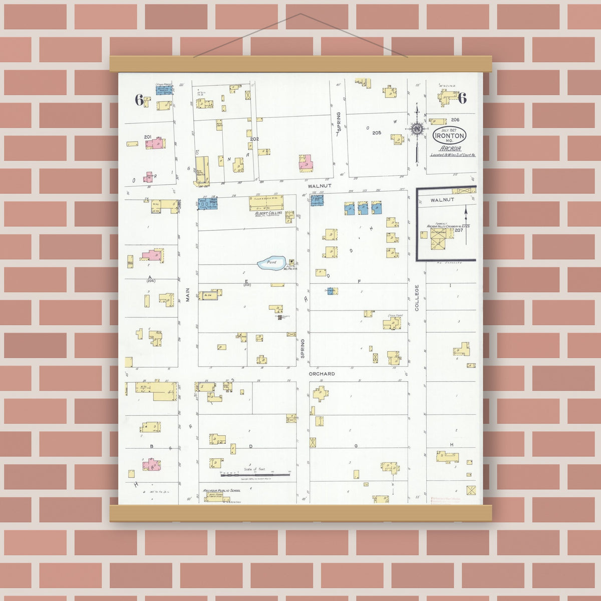 Old map wall art mockup — magnetic wood frame on brick wall — Sanborn Fire Insurance Map from Ironton, Iron County, Missouri (1927), Sheet #0006