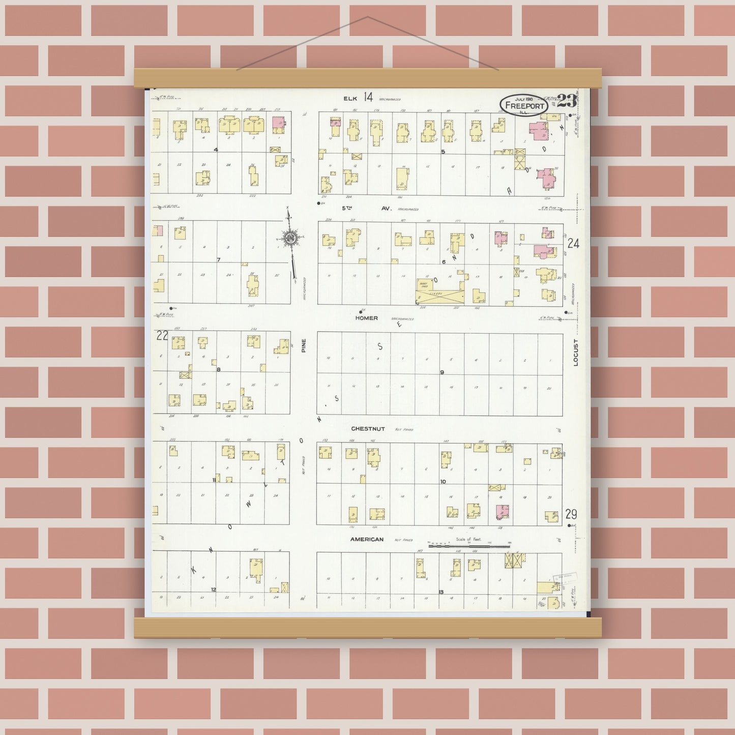 Old map wall art mockup — magnetic wood frame on brick wall — Sanborn Fire Insurance Map from Freeport, Stephenson County, Illinois (1910), Sheet #0023
