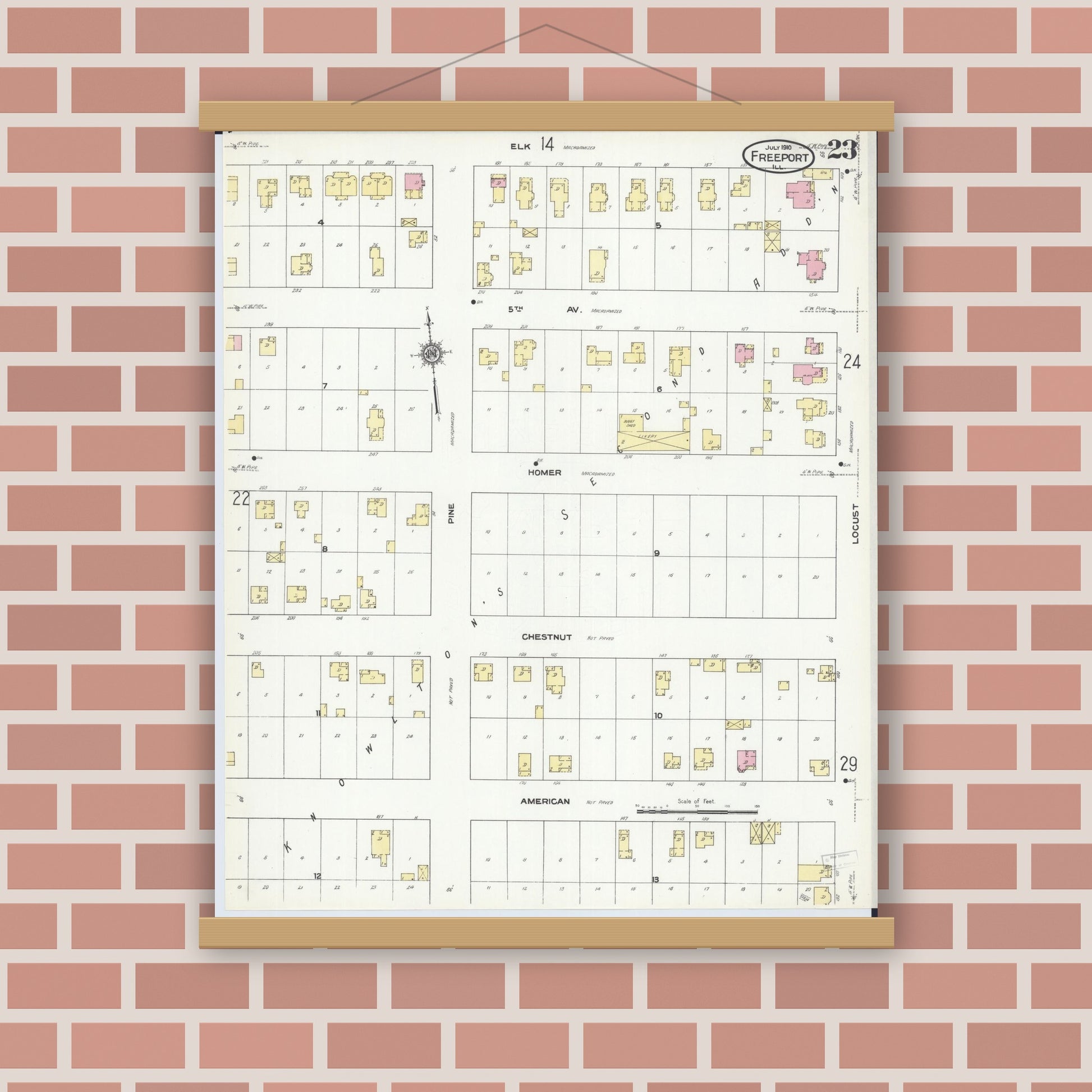 Old map wall art mockup — magnetic wood frame on brick wall — Sanborn Fire Insurance Map from Freeport, Stephenson County, Illinois (1910), Sheet #0023