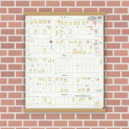 Old map wall art mockup — magnetic wood frame on brick wall — Sanborn Fire Insurance Map from Freeport, Stephenson County, Illinois (1910), Sheet #0023