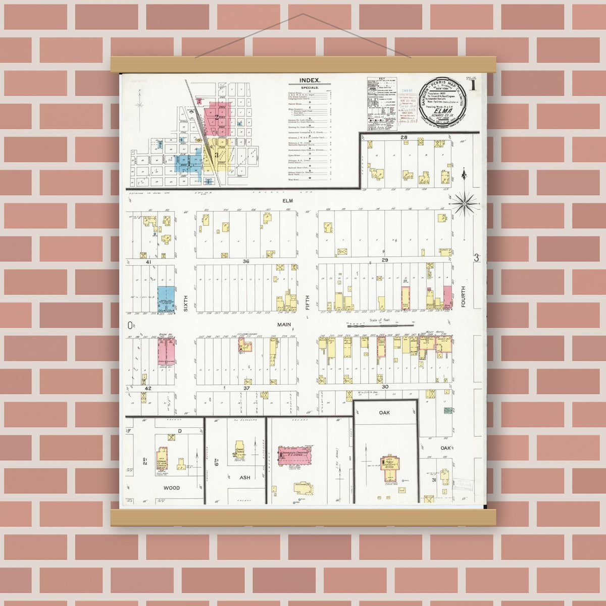 Old map wall art mockup — magnetic wood frame on brick wall — Sanborn Fire Insurance Map from Elma, Howard County, Iowa (1900), Sheet #0001