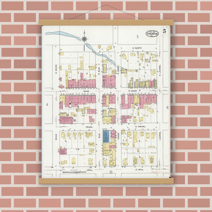 Old map wall art mockup — magnetic wood frame on brick wall — Sanborn Fire Insurance Map from Staunton, Macoupin County, Illinois (1921), Sheet #0005