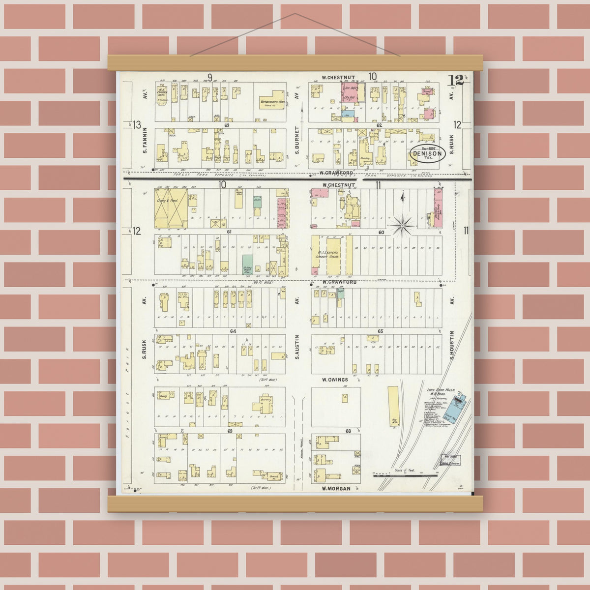 Old map wall art mockup — magnetic wood frame on brick wall — Sanborn Fire Insurance Map from Denison, Grayson County, Texas (1897), Sheet #0012