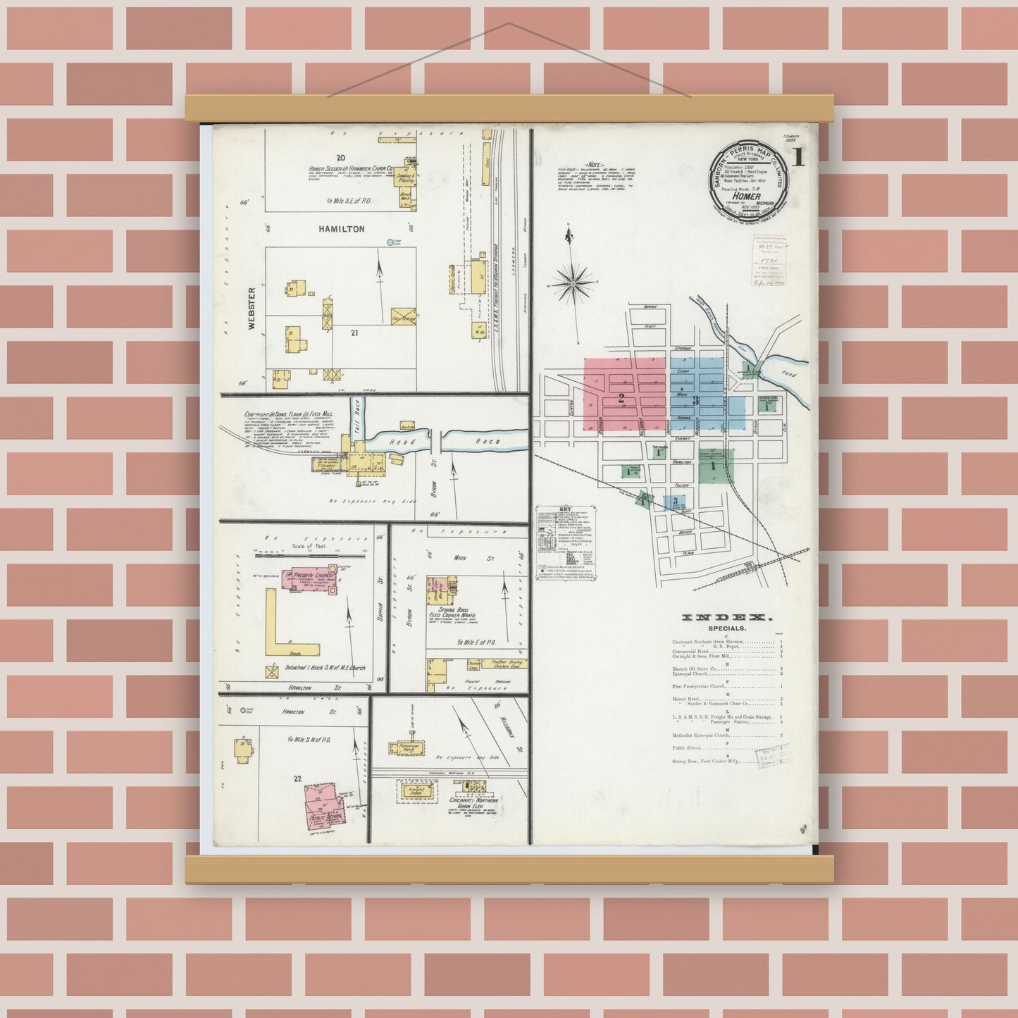 Old map wall art mockup — magnetic wood frame on brick wall — Sanborn Fire Insurance Map from Homer, Calhoun County, Michigan (1899), Sheet #0001