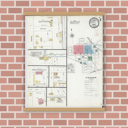 Old map wall art mockup — magnetic wood frame on brick wall — Sanborn Fire Insurance Map from Homer, Calhoun County, Michigan (1899), Sheet #0001