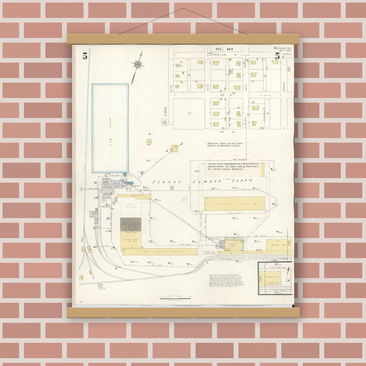 Old map wall art mockup — magnetic wood frame on brick wall — Sanborn Fire Insurance Map from Conroe, Montgomery County, Texas (1943), Sheet #0005