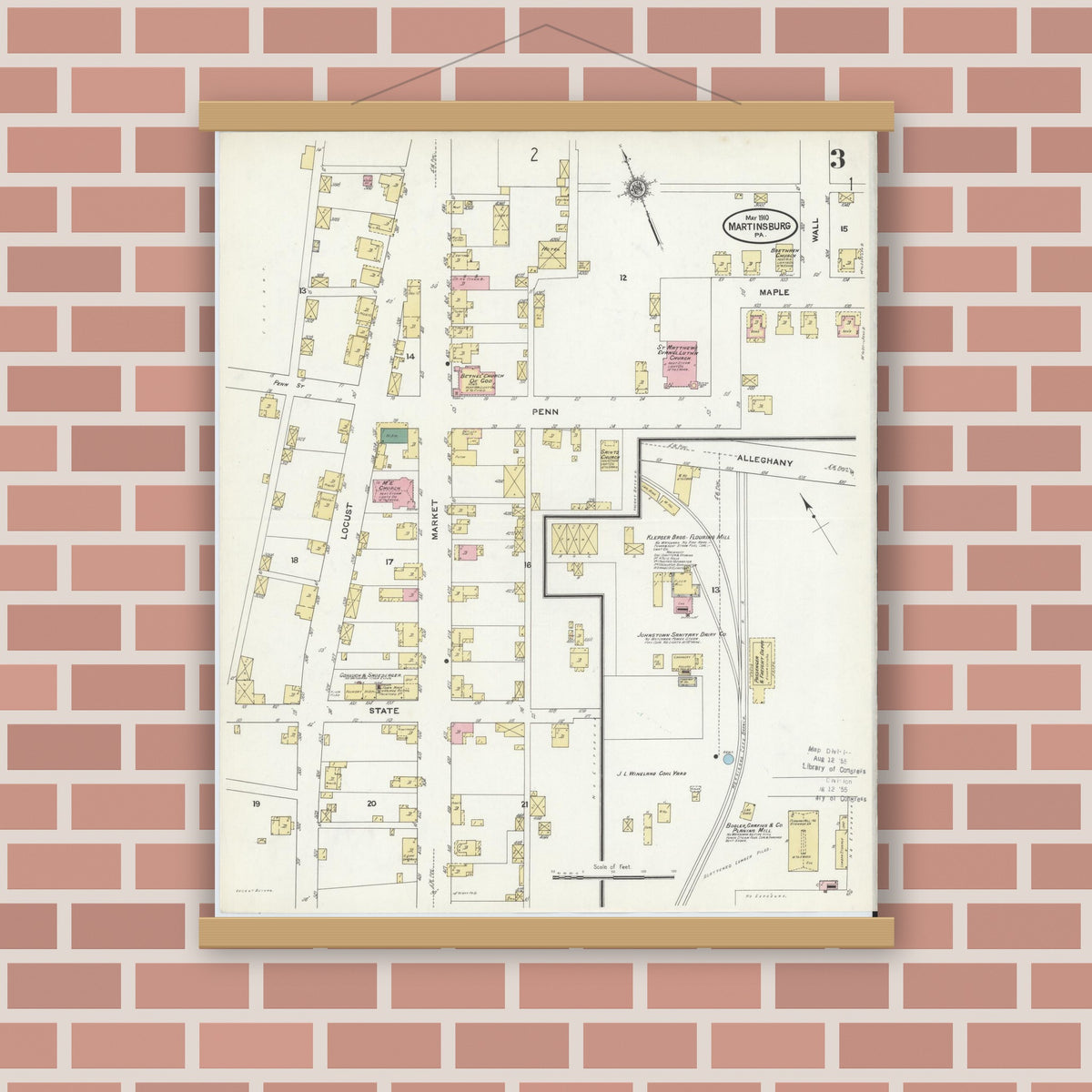 Old map wall art mockup — magnetic wood frame on brick wall — Sanborn Fire Insurance Map from Martinsburg, Blair County, Pennsylvania (1910), Sheet #0003