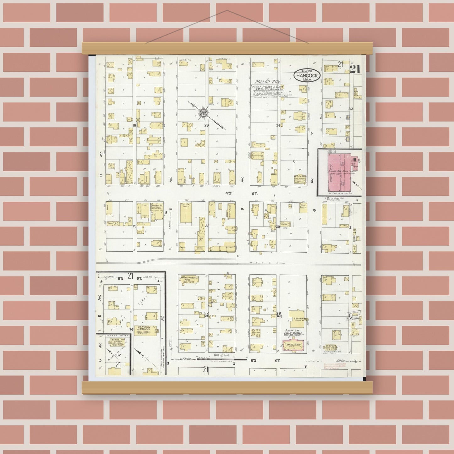 Old map wall art mockup — magnetic wood frame on brick wall — Sanborn Fire Insurance Map from Hancock, Houghton County, Michigan (1917), Sheet #0021