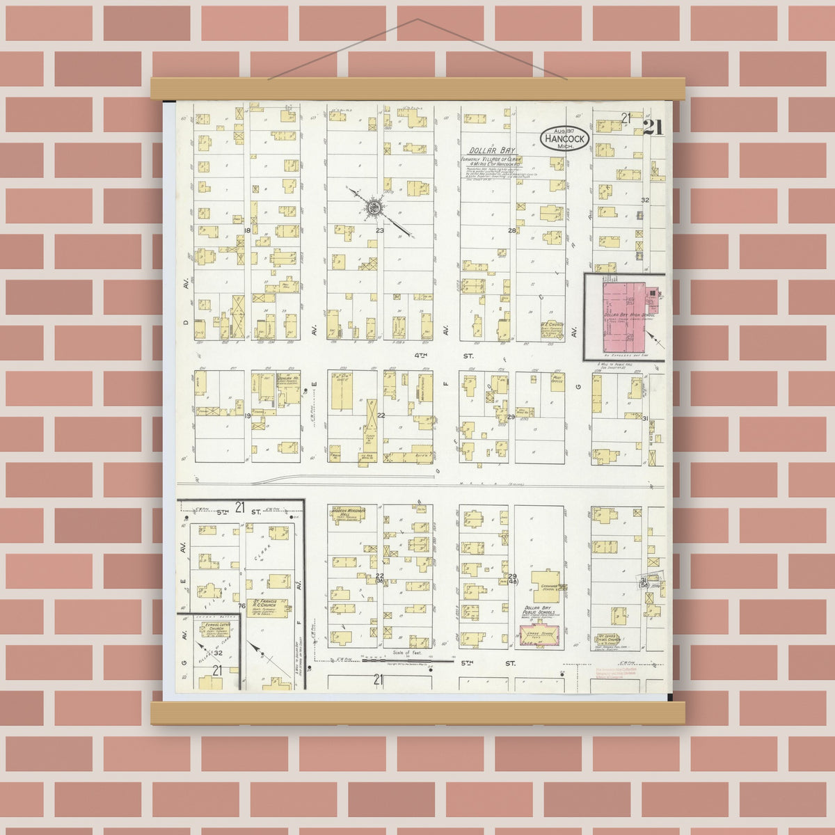 Old map wall art mockup — magnetic wood frame on brick wall — Sanborn Fire Insurance Map from Hancock, Houghton County, Michigan (1917), Sheet #0021