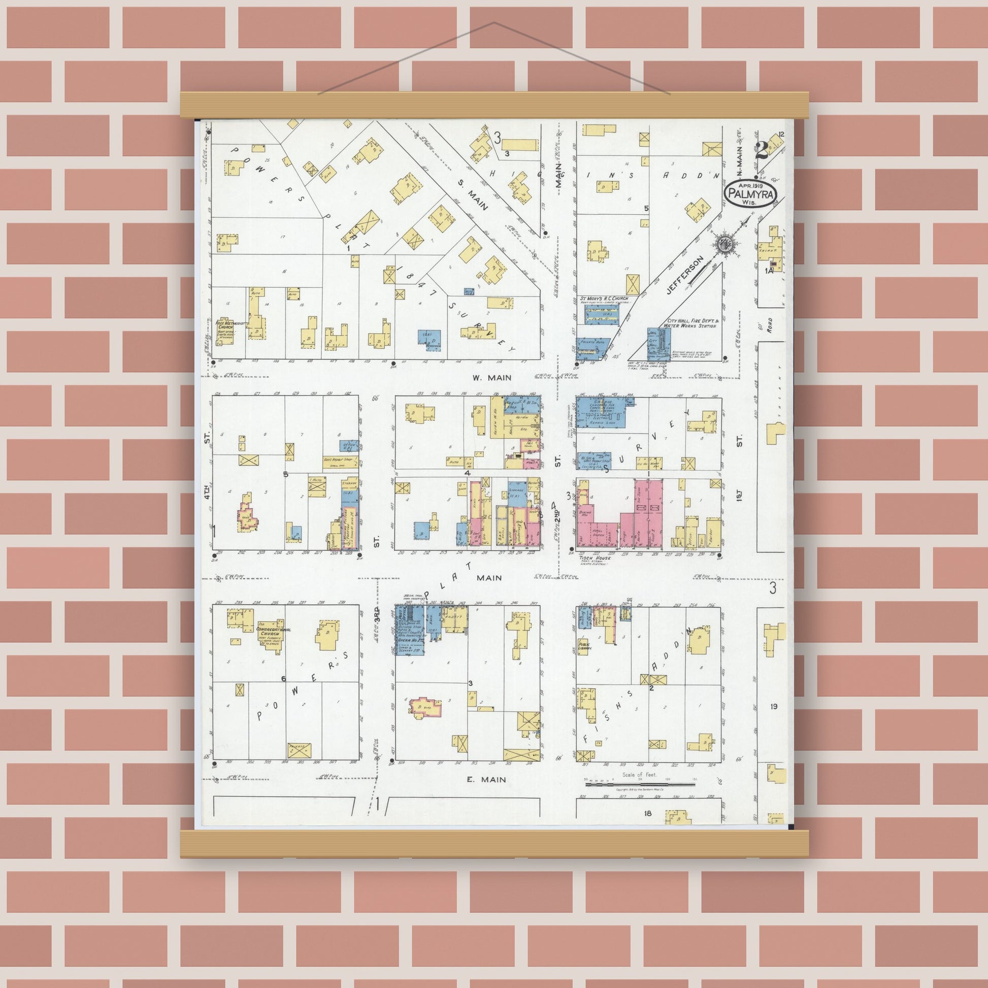 Old map wall art mockup — magnetic wood frame on brick wall — Sanborn Fire Insurance Map from Palmyra, Jefferson County, Wisconsin (1919), Sheet #0002
